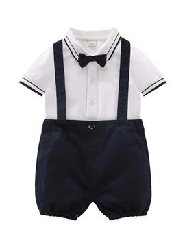 Baby Boy Striped Trim Bow Tie Polo Shirt & Suspender Shorts