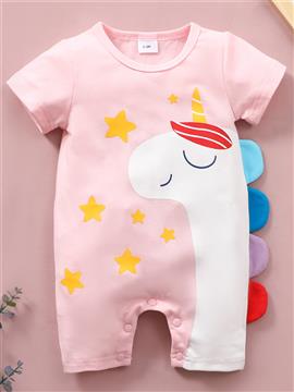 Cute Cartoon Unicorn Print Round Neck Short Sleeve Romper