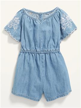 Embroidered Chambray Flutter-Sleeve Romper for Toddler Girls