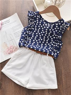 Girl Sweet Blue Flower Pattern Ruffled Vest And White Shorts
