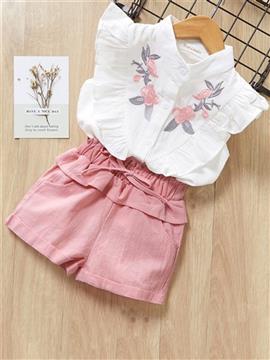 Girl Sweet Floral Embroidery Sleeveless Shirt And Shorts Set