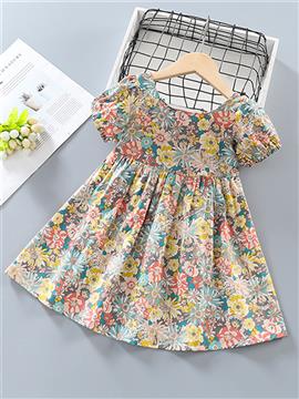 Girls Floral Back Ribbon Puff Sleeve Dress