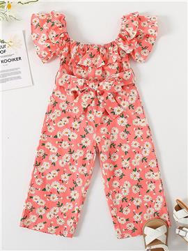 Sweet Flower Print Pink Short Sleeve Jumpsuit