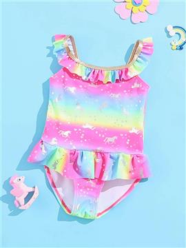 Toddler Girls Unicorn & Color Block Ruffle One Piece Swimsuit