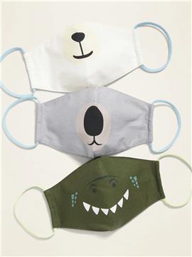 Variety 3-Pack of Triple-Layer Cloth Contoured Critter Face Masks (with Laundry Bag) for Kids